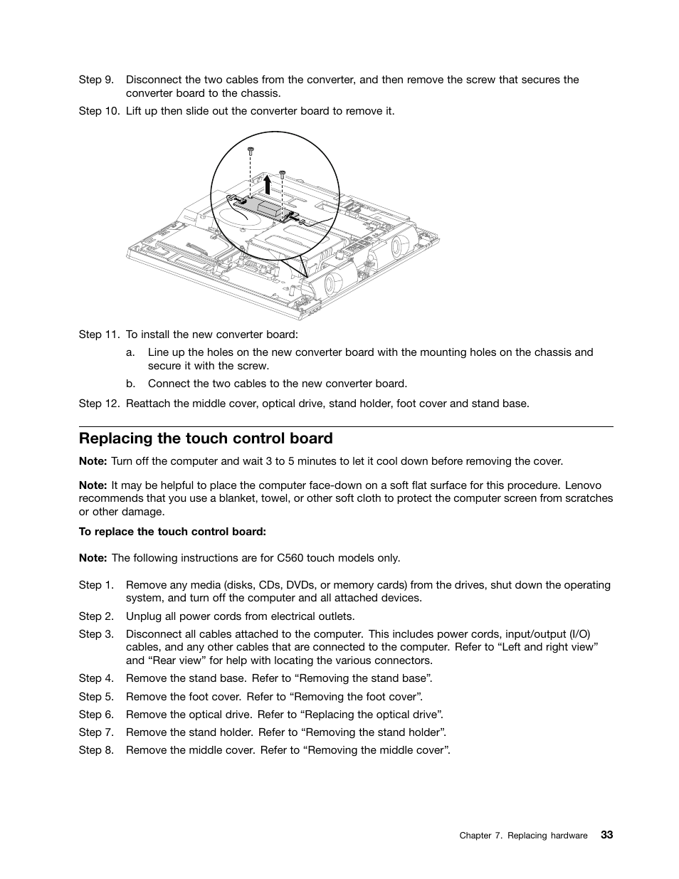 Replacing the touch control board | Lenovo C560 All-in-One User Manual | Page 39 / 55