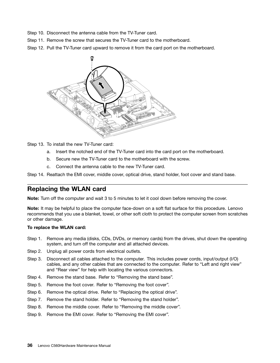 Replacing the wlan card | Lenovo C560 All-in-One User Manual | Page 42 / 55