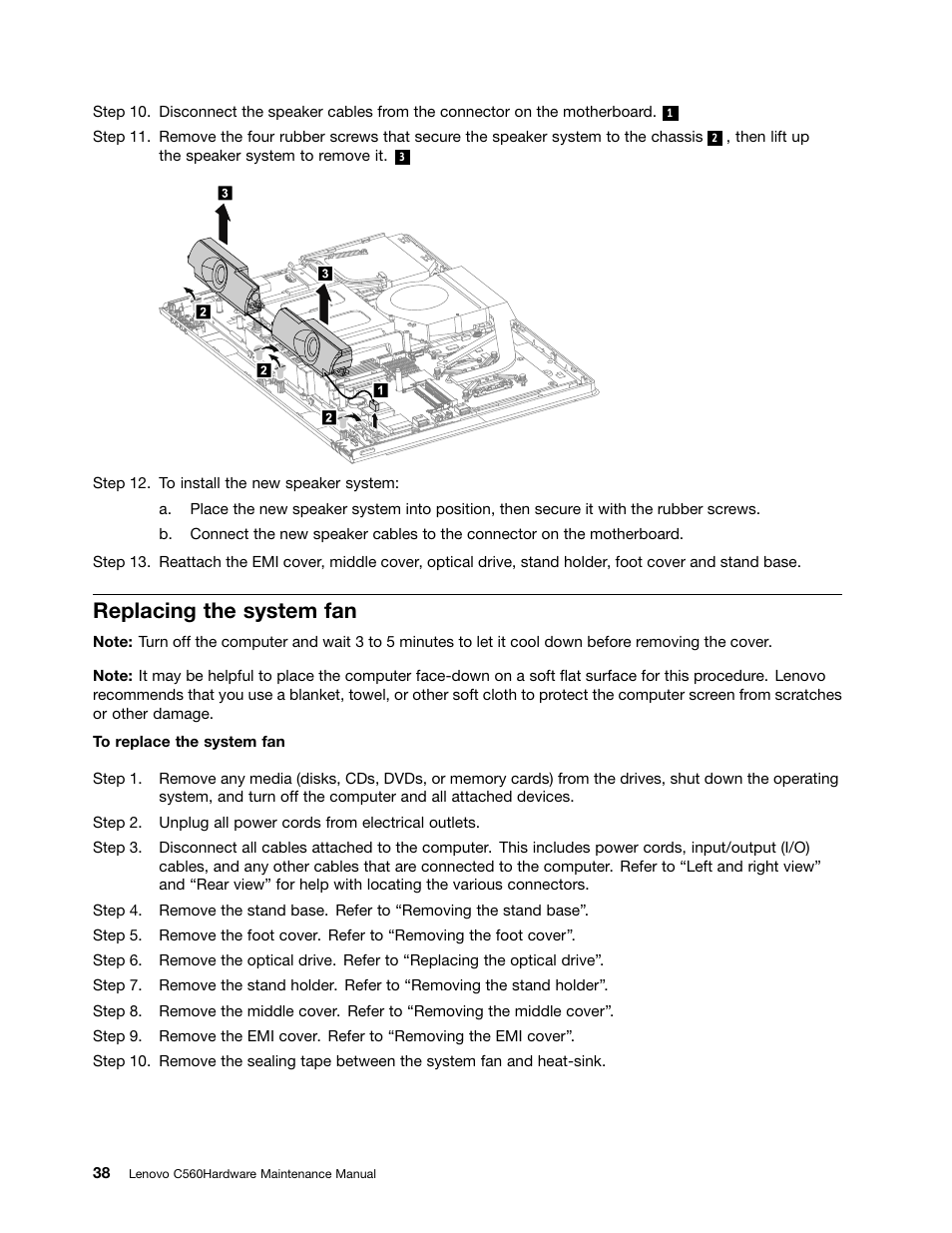 Replacing the system fan | Lenovo C560 All-in-One User Manual | Page 44 / 55