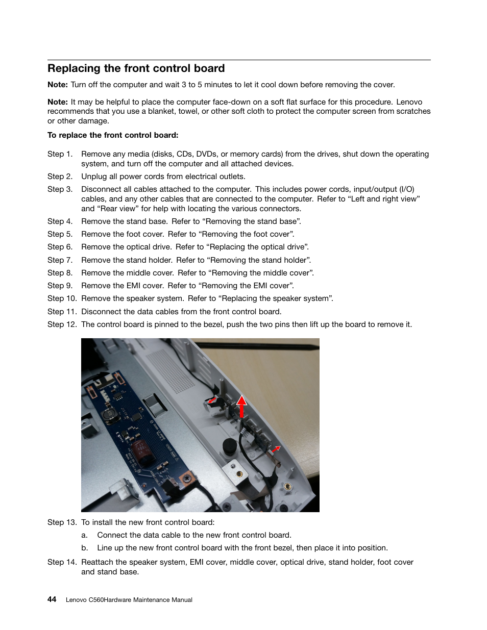 Replacing the front control board | Lenovo C560 All-in-One User Manual | Page 50 / 55