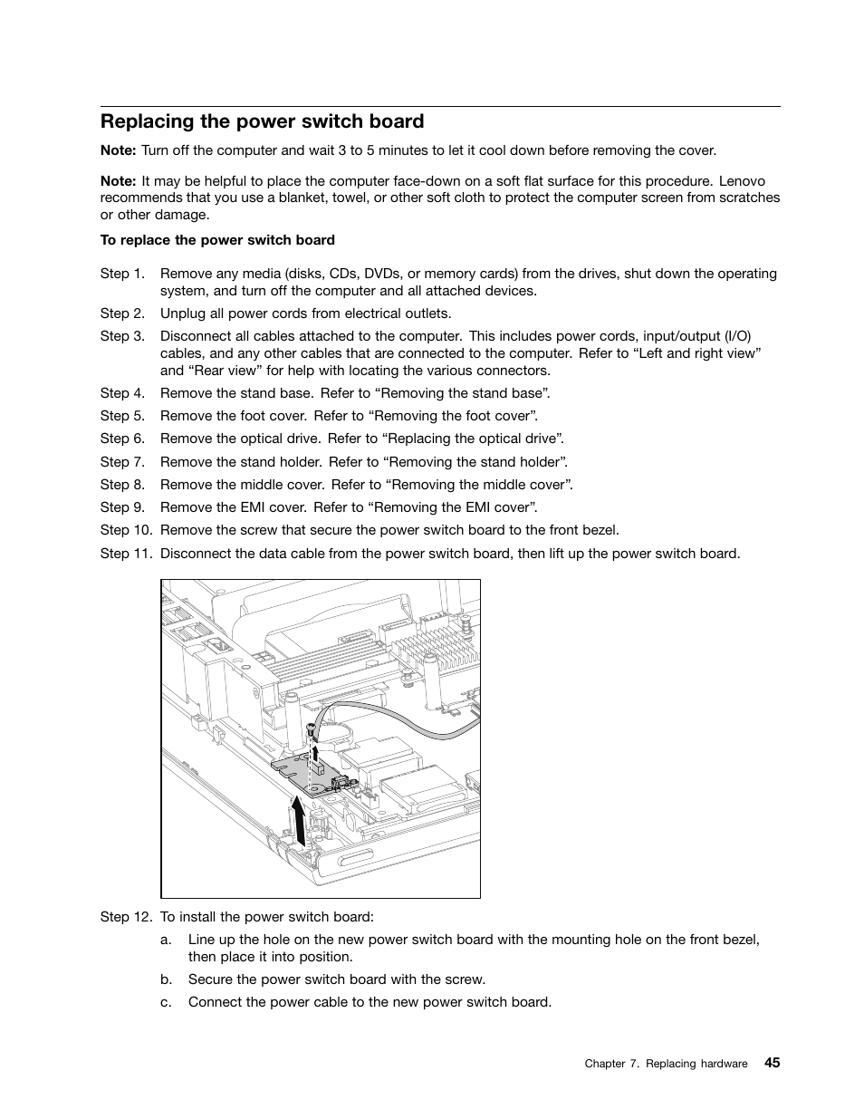 Replacing the power switch board | Lenovo C560 All-in-One User Manual | Page 51 / 55