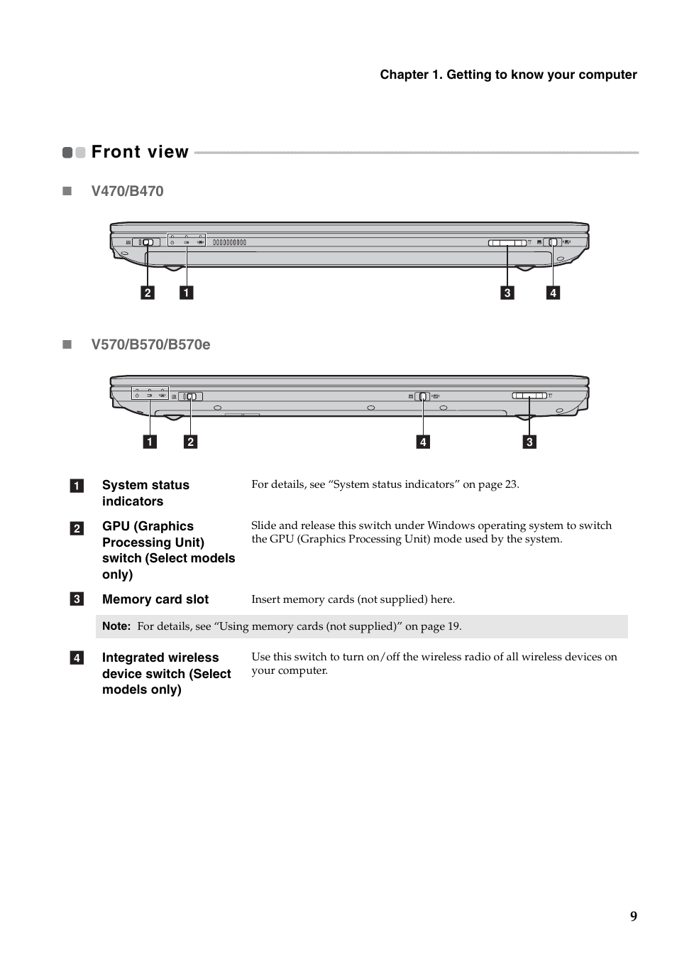 Front view | Lenovo V470 Notebook User Manual | Page 13 / 70