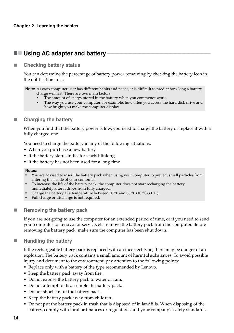 Using ac adapter and battery | Lenovo V470 Notebook User Manual | Page 18 / 70