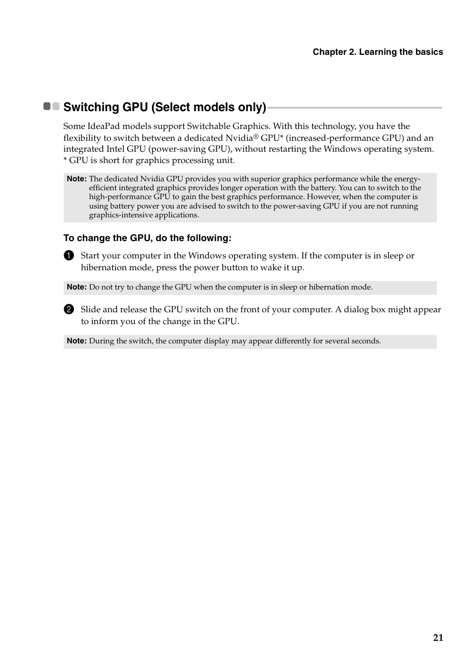 Switching gpu (select models only) | Lenovo V470 Notebook User Manual | Page 25 / 70