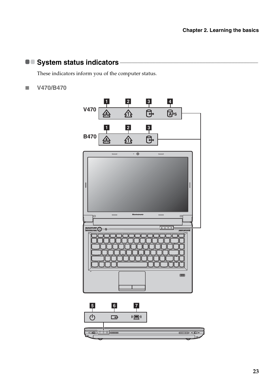 System status indicators | Lenovo V470 Notebook User Manual | Page 27 / 70