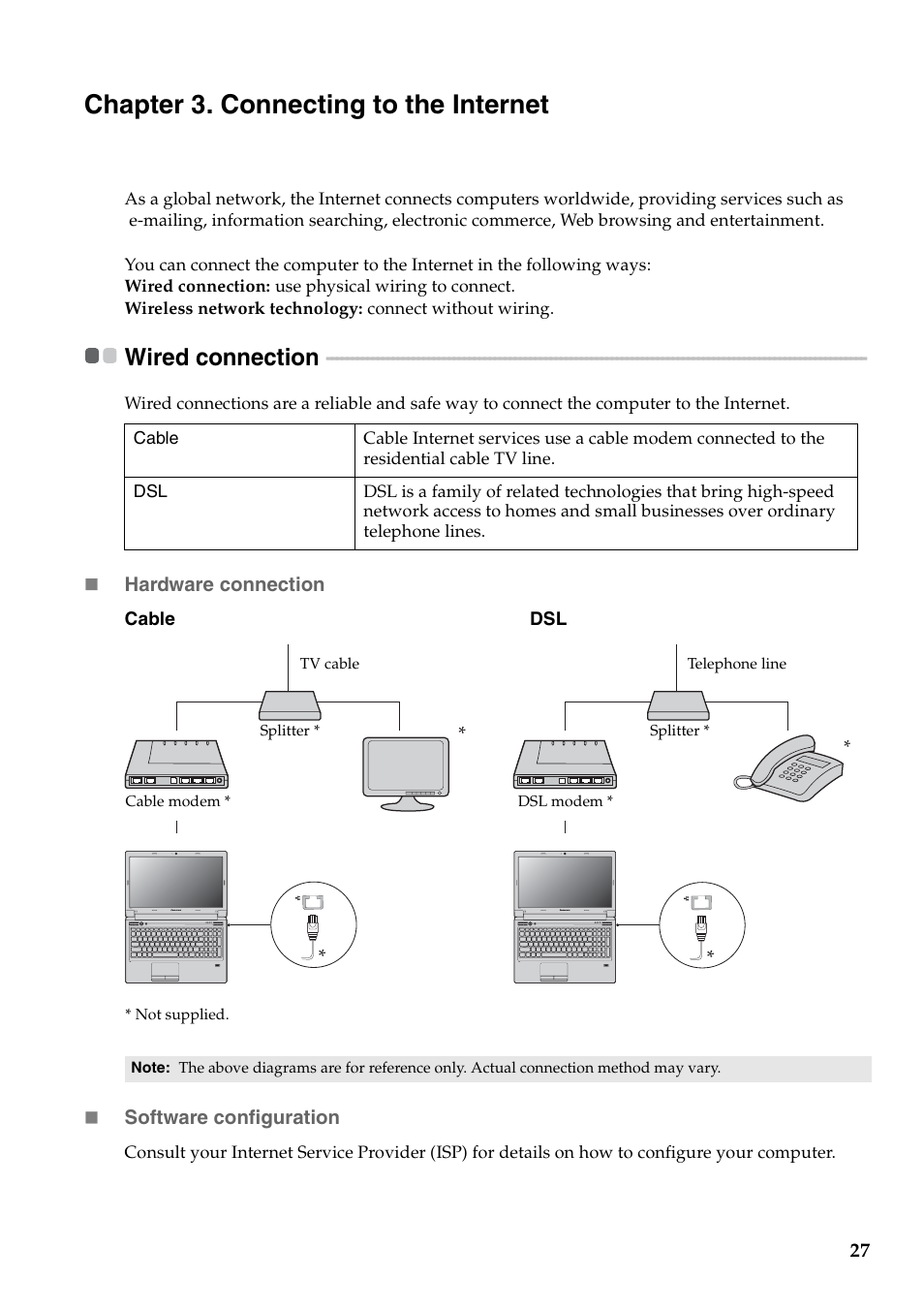 Chapter 3. connecting to the internet, Wired connection | Lenovo V470 Notebook User Manual | Page 31 / 70