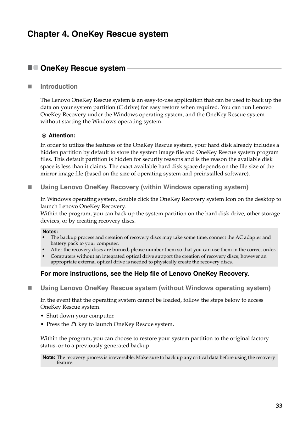 Chapter 4. onekey rescue system, Onekey rescue system | Lenovo V470 Notebook User Manual | Page 37 / 70