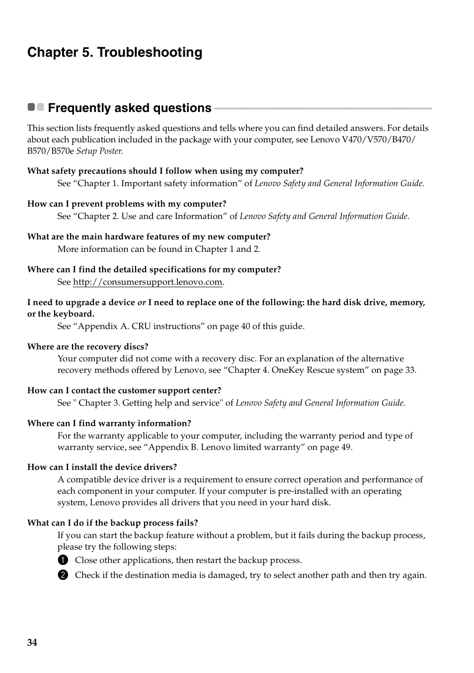 Chapter 5. troubleshooting, Frequently asked questions | Lenovo V470 Notebook User Manual | Page 38 / 70