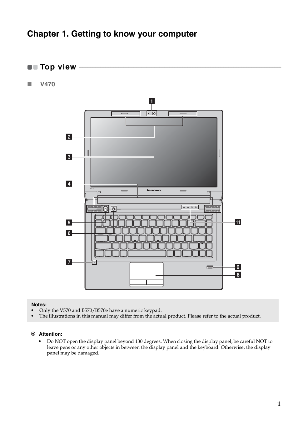 Chapter 1. getting to know your computer, Top view | Lenovo V470 Notebook User Manual | Page 5 / 70