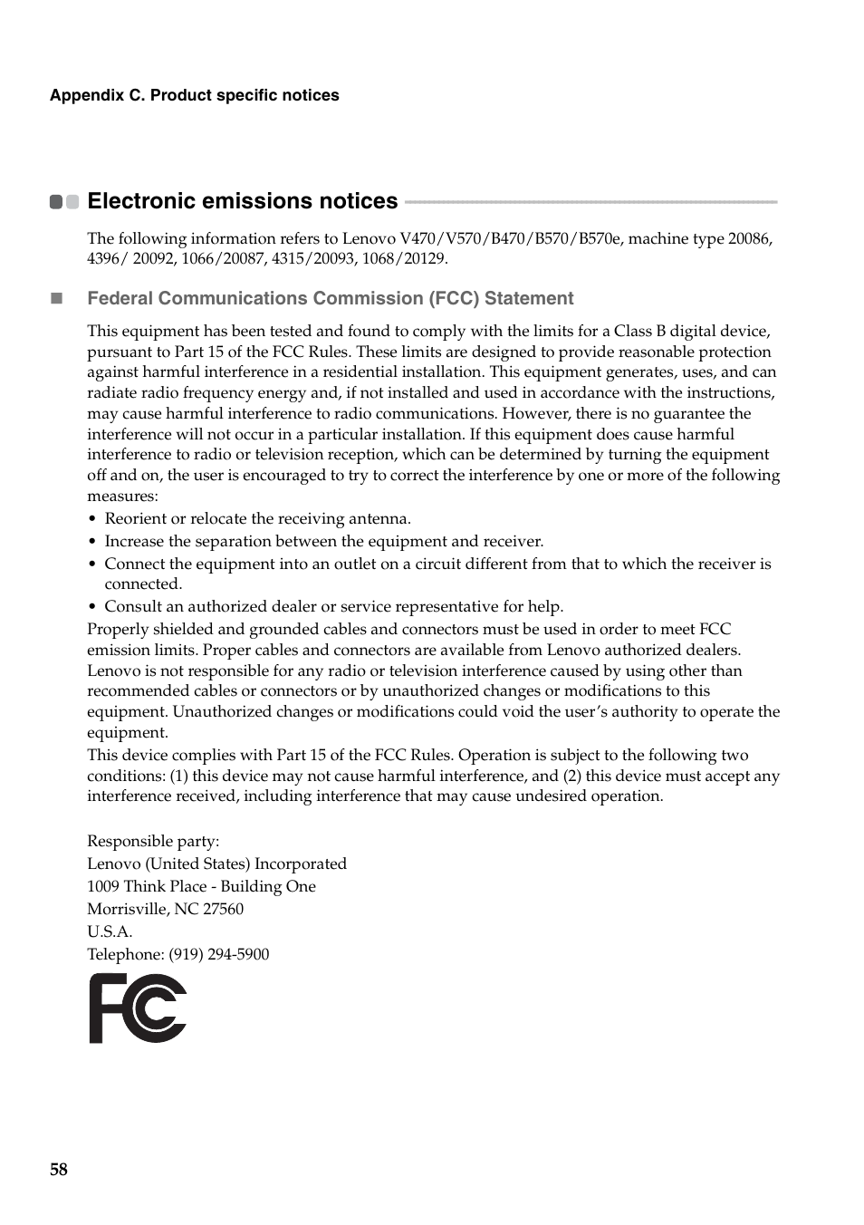 Electronic emissions notices | Lenovo V470 Notebook User Manual | Page 62 / 70