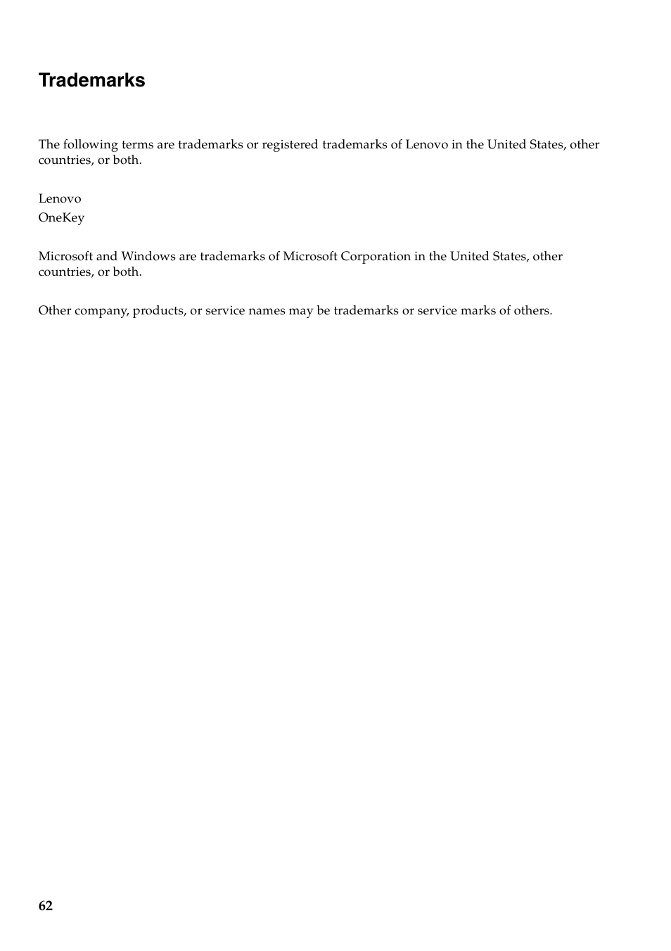 Trademarks | Lenovo V470 Notebook User Manual | Page 66 / 70