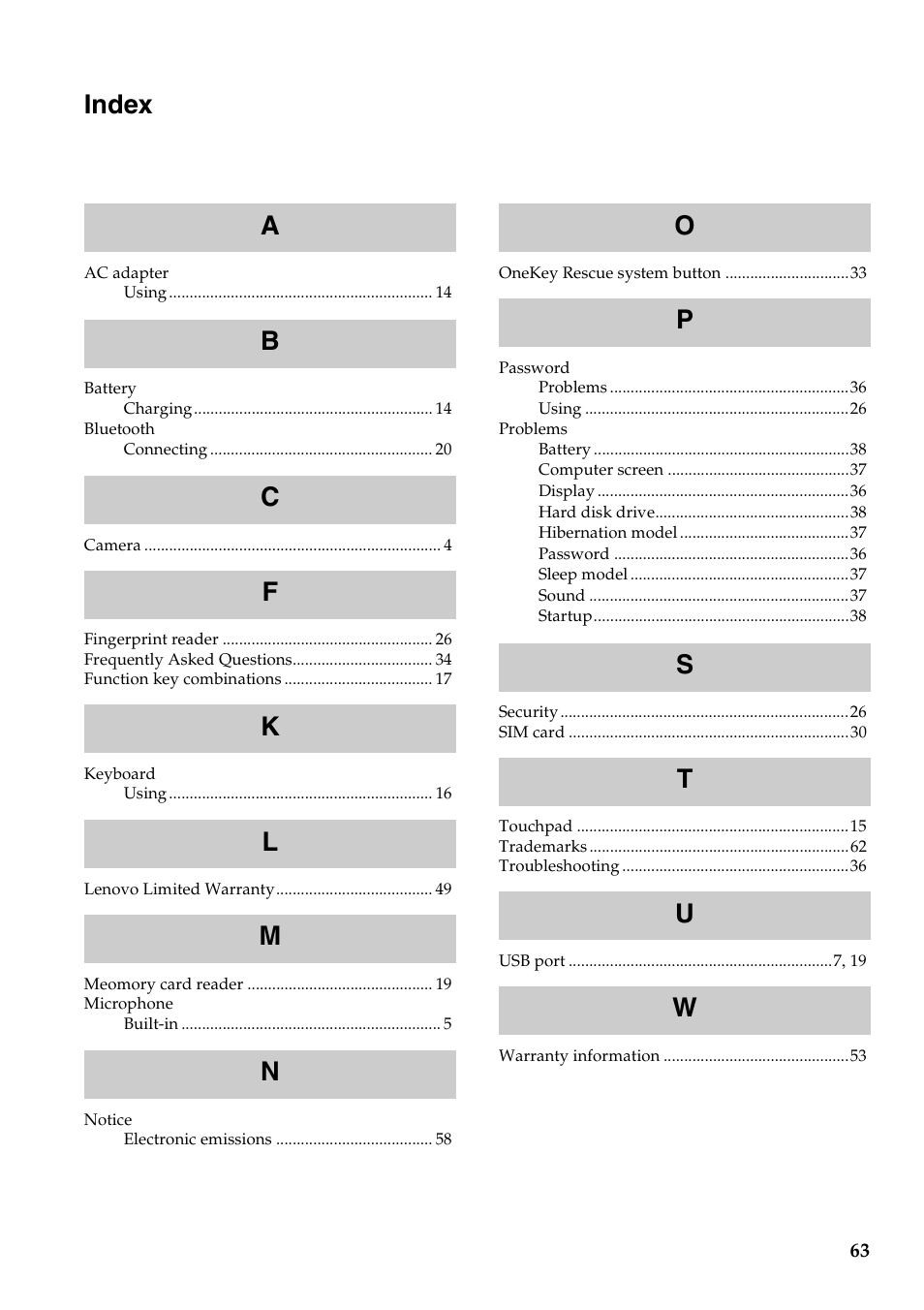 Index | Lenovo V470 Notebook User Manual | Page 67 / 70