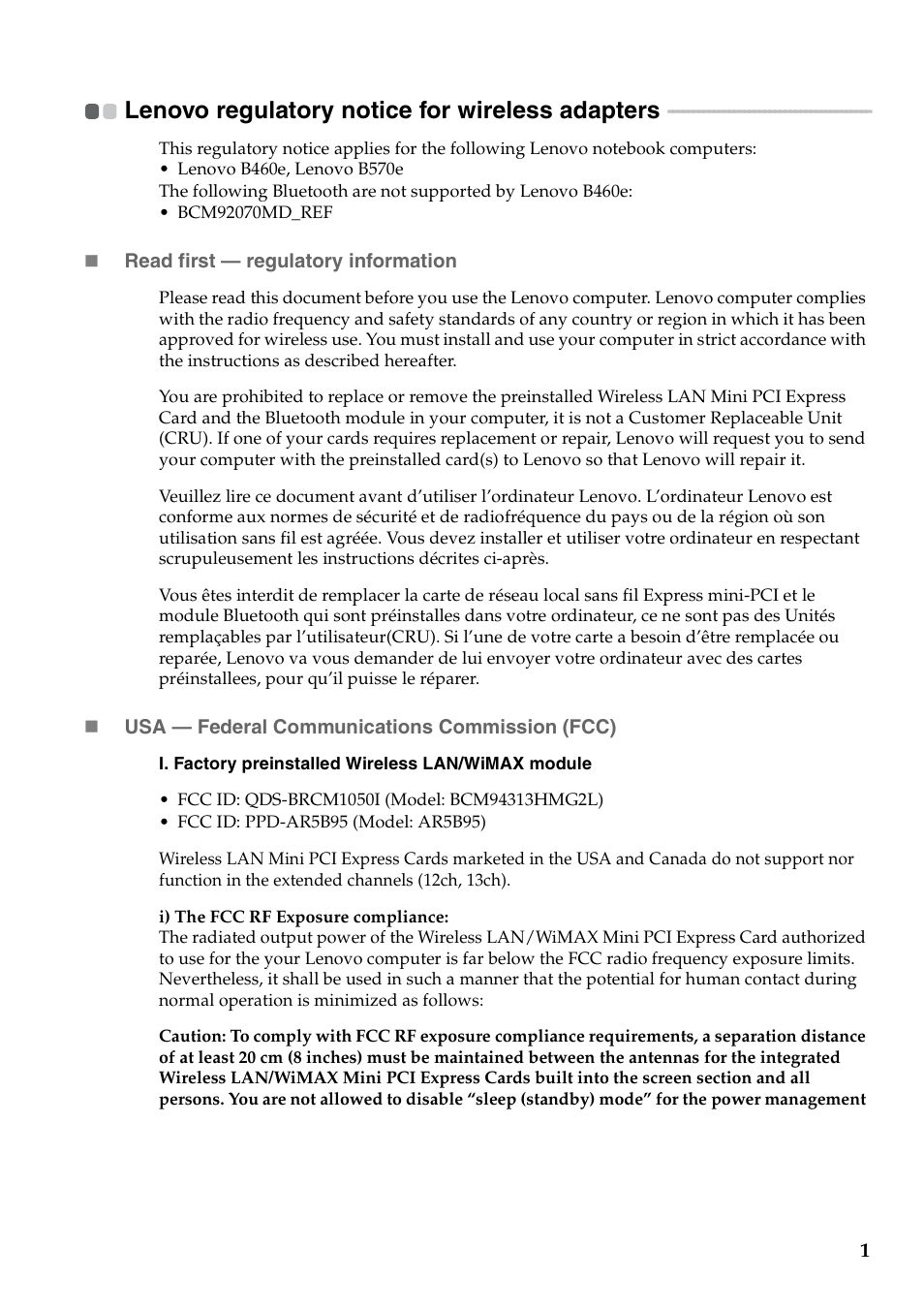 Lenovo regulatory notice for wireless adapters | Lenovo B570e Notebook User Manual | Page 2 / 24