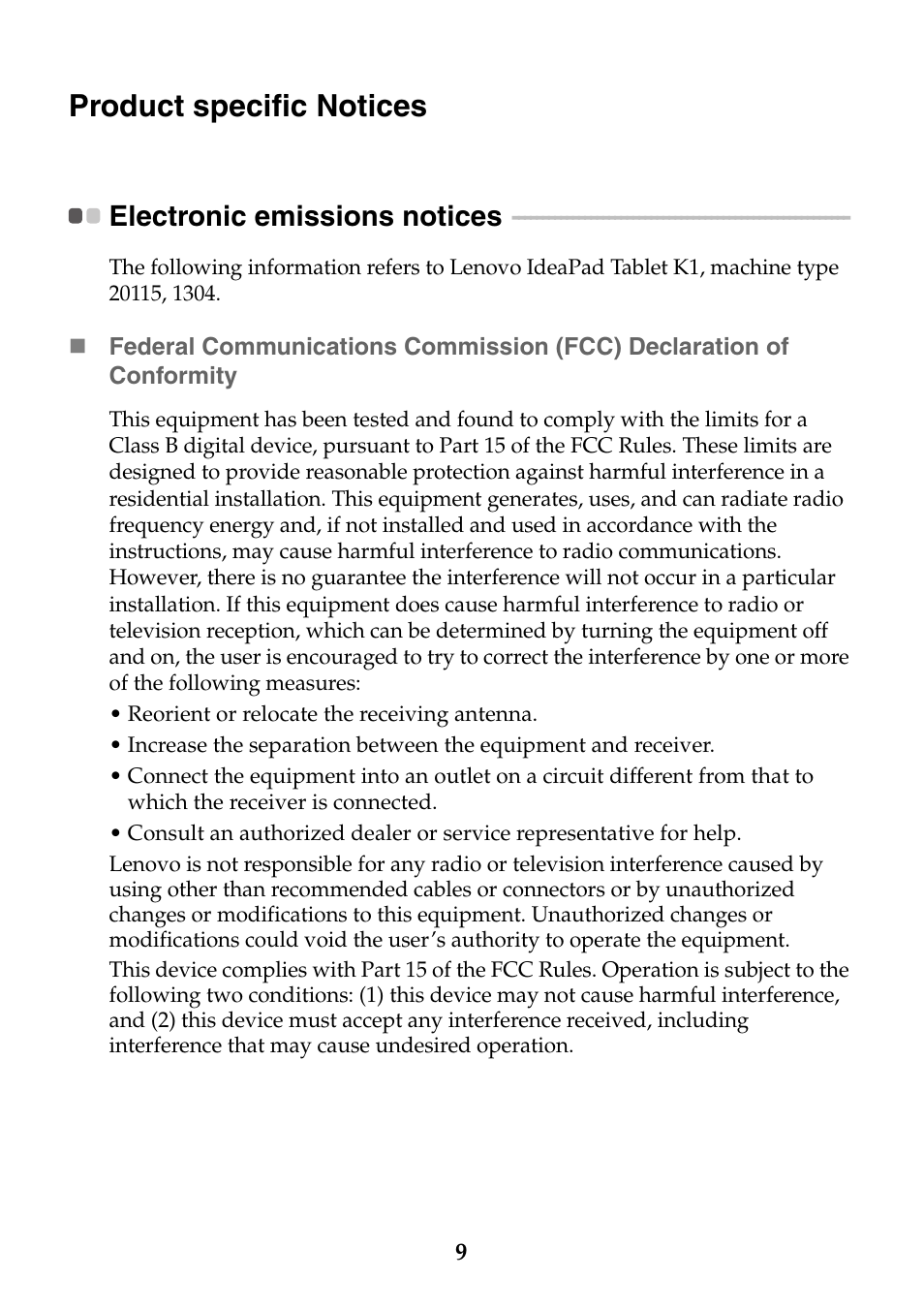 Product specific notices, Electronic emissions notices | Lenovo K1 Tablet User Manual | Page 9 / 13