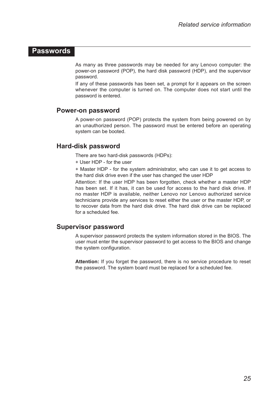 Passwords, Power-on password, Hard-disk password | Supervisor password | Lenovo M5400 Touch Notebook User Manual | Page 29 / 97
