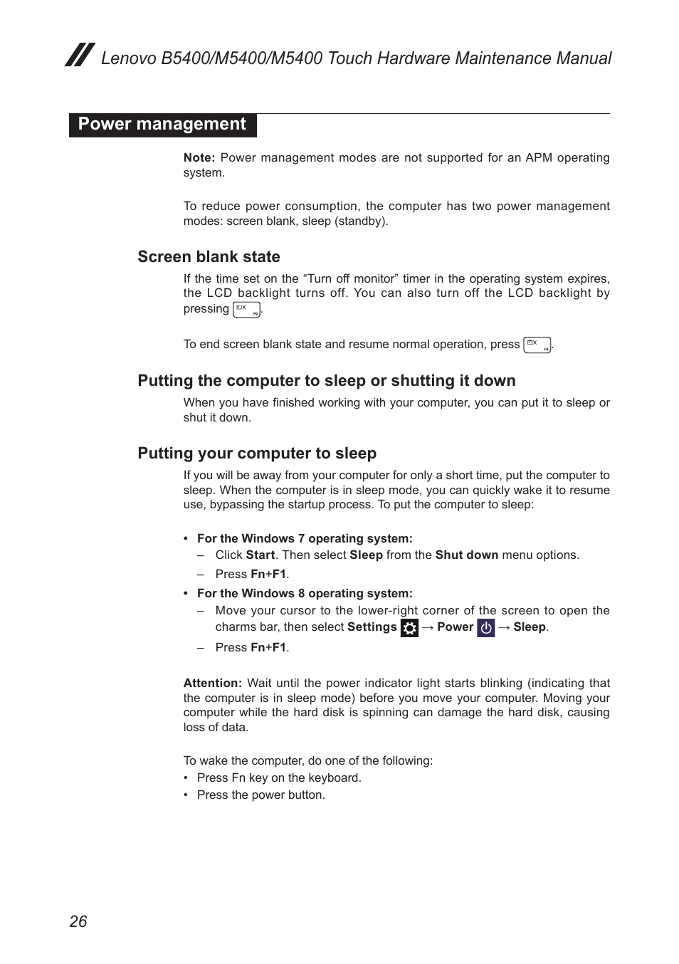 Power management, Screen blank state, Putting the computer to sleep or shutting it down | Putting your computer to sleep, Putting the computer to sleep or shutting, It down | Lenovo M5400 Touch Notebook User Manual | Page 30 / 97