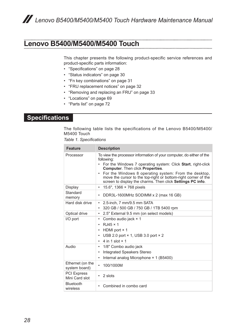 Lenovo b5400/m5400/m5400 touch, Specifications | Lenovo M5400 Touch Notebook User Manual | Page 32 / 97