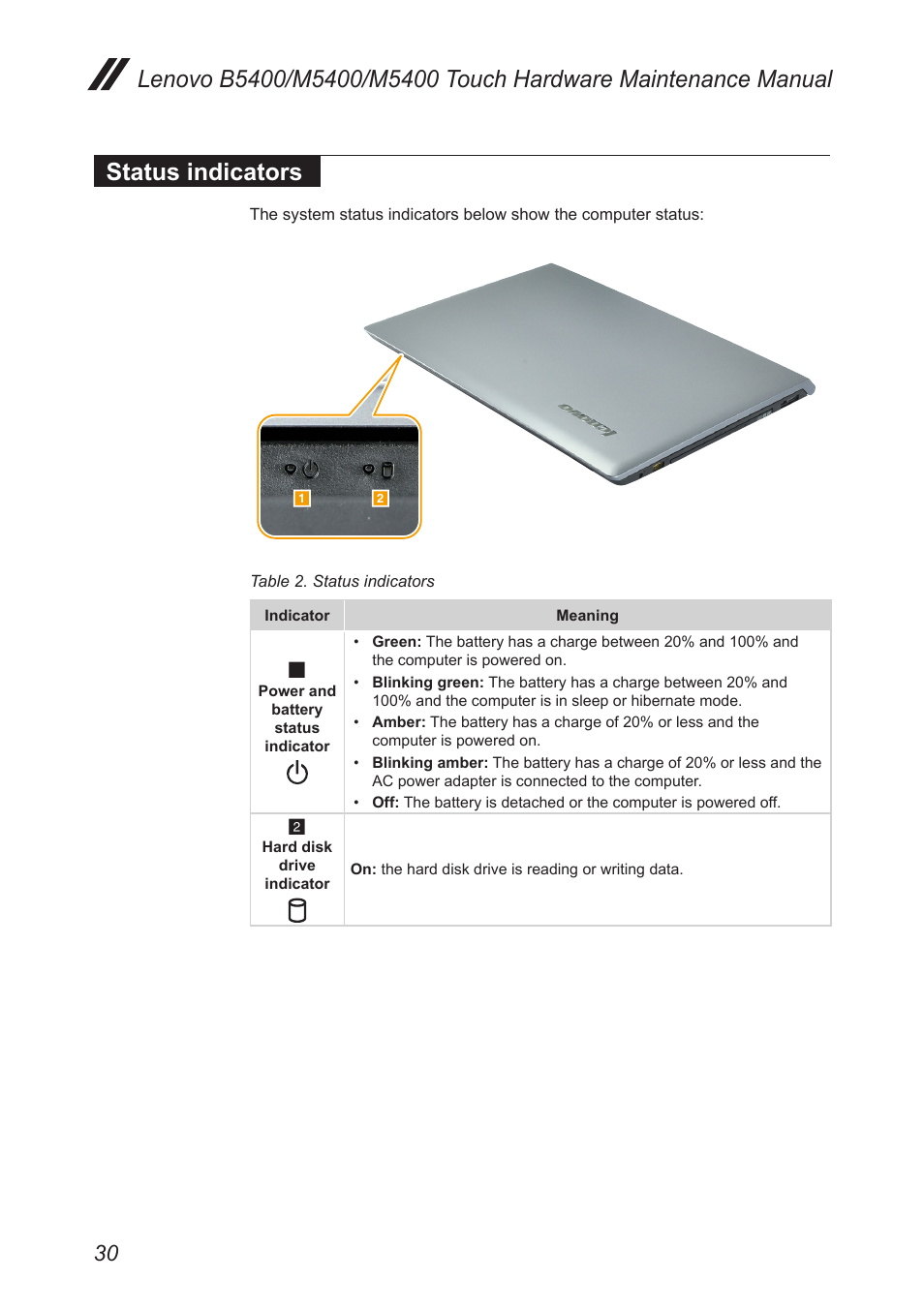 Status indicators | Lenovo M5400 Touch Notebook User Manual | Page 34 / 97