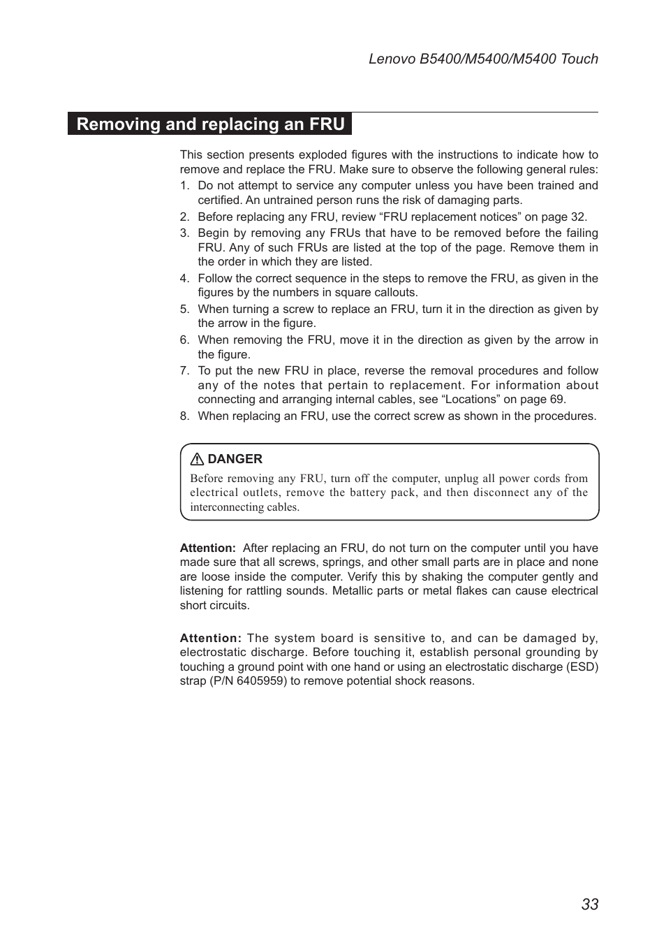 Removing and replacing an fru | Lenovo M5400 Touch Notebook User Manual | Page 37 / 97