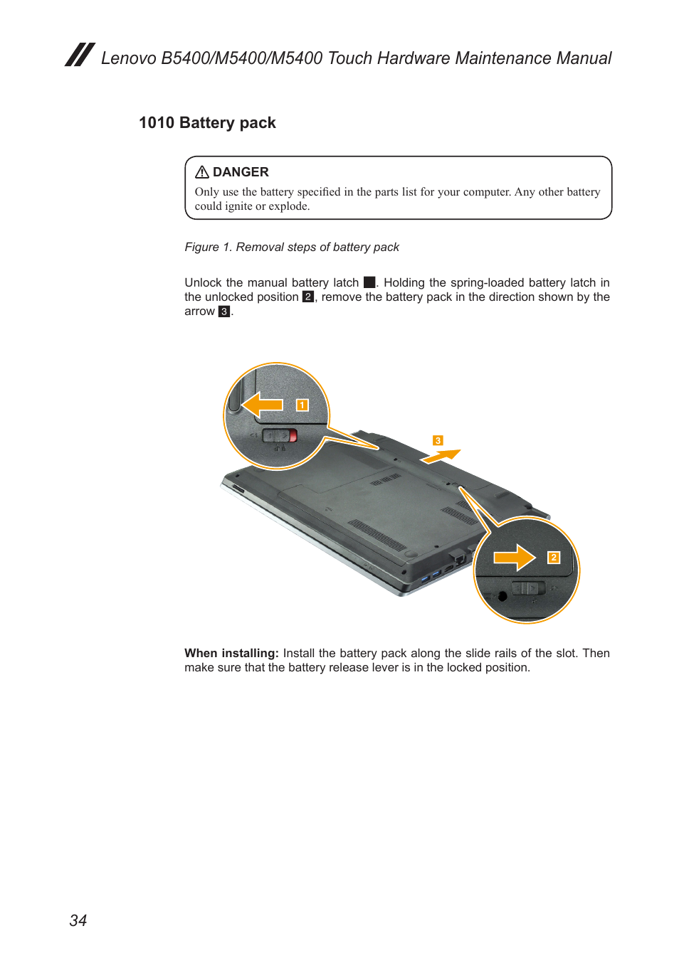 1010 battery pack | Lenovo M5400 Touch Notebook User Manual | Page 38 / 97