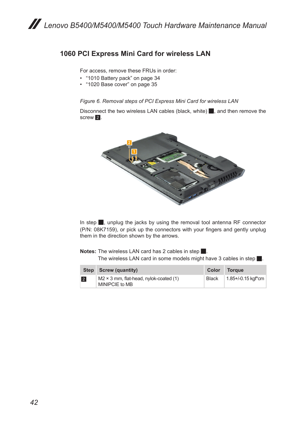 1060 pci express mini card for wireless lan, 1060 pci express mini card for, Wireless lan | Lenovo M5400 Touch Notebook User Manual | Page 46 / 97