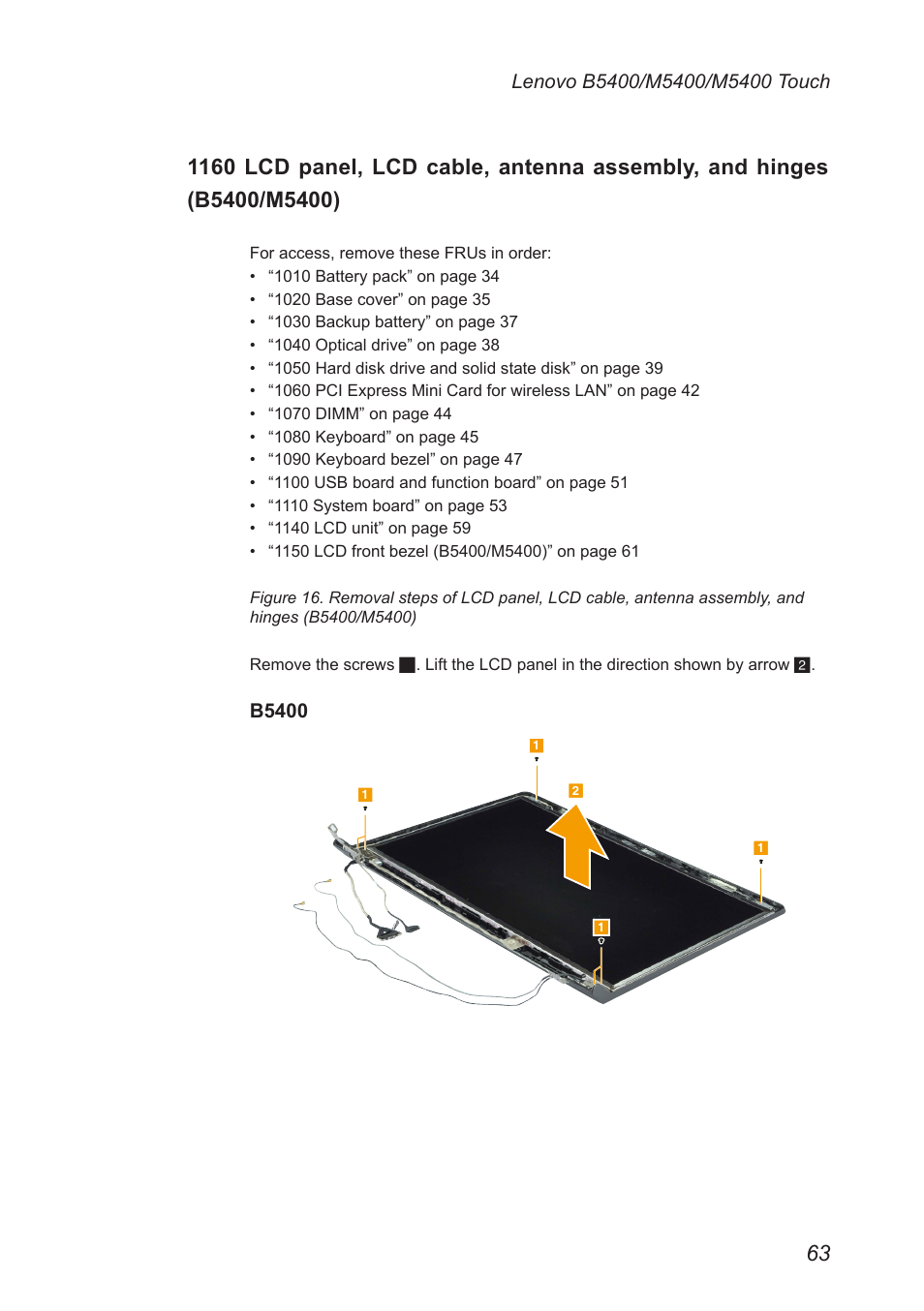 1160 lcd panel, lcd cable, antenna, Assembly, and hinges (b5400/m5400) | Lenovo M5400 Touch Notebook User Manual | Page 67 / 97
