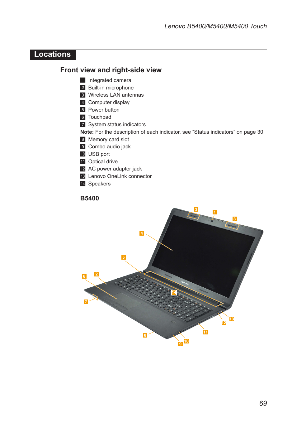 Locations, Front view and right-side view | Lenovo M5400 Touch Notebook User Manual | Page 73 / 97