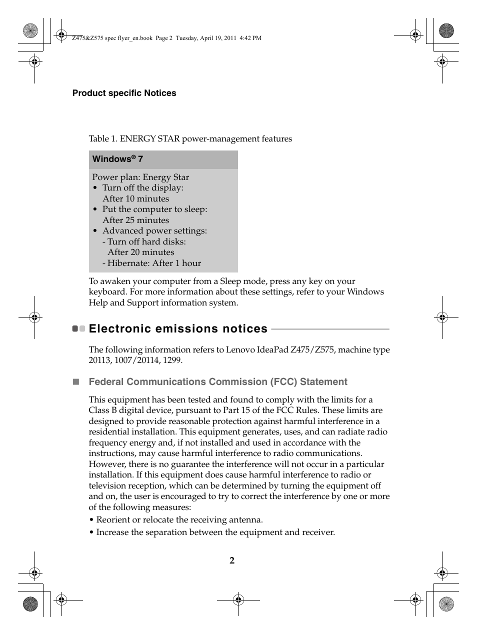 Electronic emissions notices | Lenovo IdeaPad Z475 User Manual | Page 2 / 8