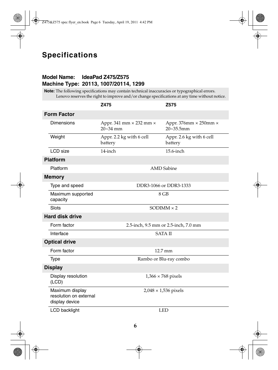 Specifications | Lenovo IdeaPad Z475 User Manual | Page 6 / 8