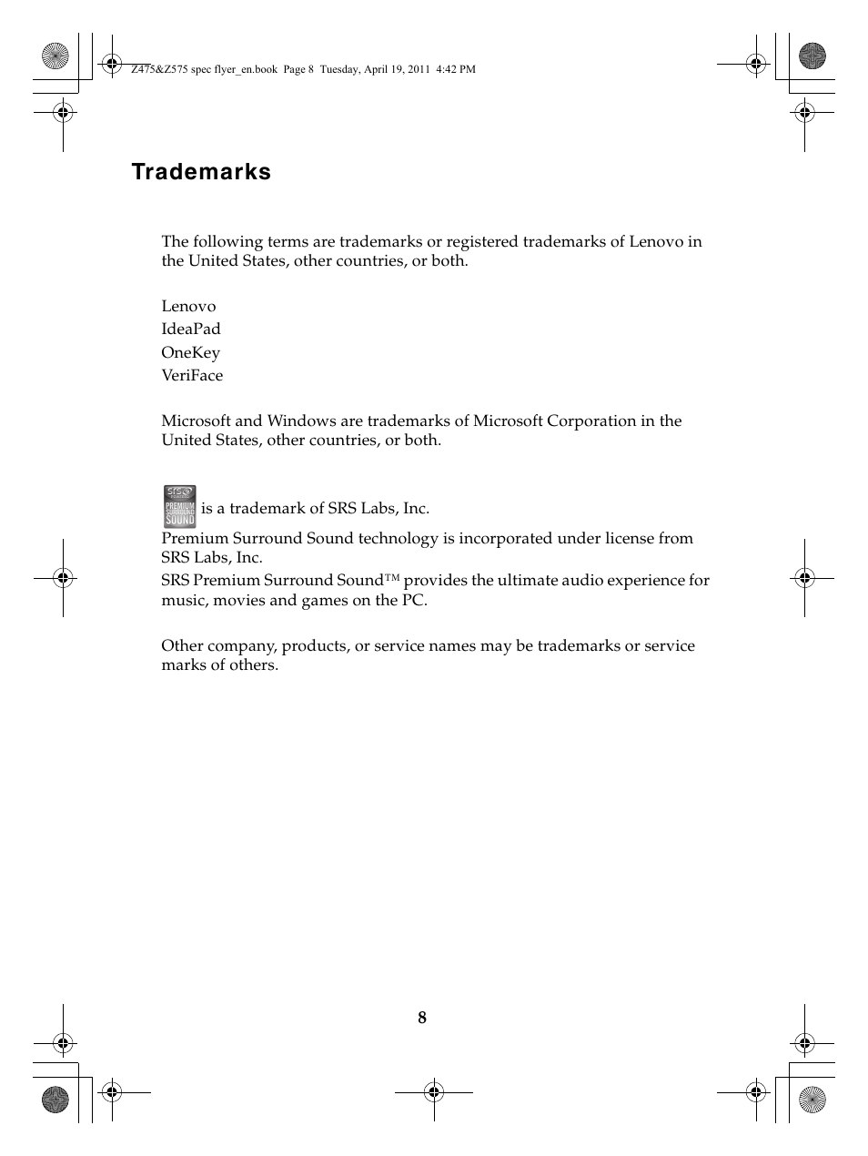 Trademarks | Lenovo IdeaPad Z475 User Manual | Page 8 / 8