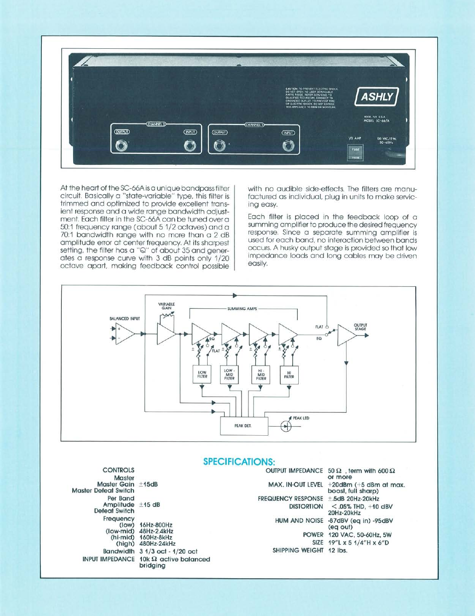 Specifications | Ashly Parametric Equalizers SC-66A User Manual | Page 2 / 2