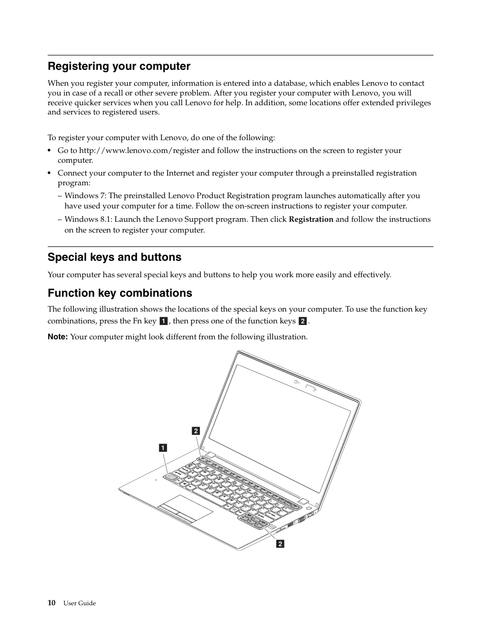 Registering your computer, Special keys and buttons, Registering your computer special keys and buttons | Function key combinations | Lenovo K2450 Notebook User Manual | Page 24 / 56