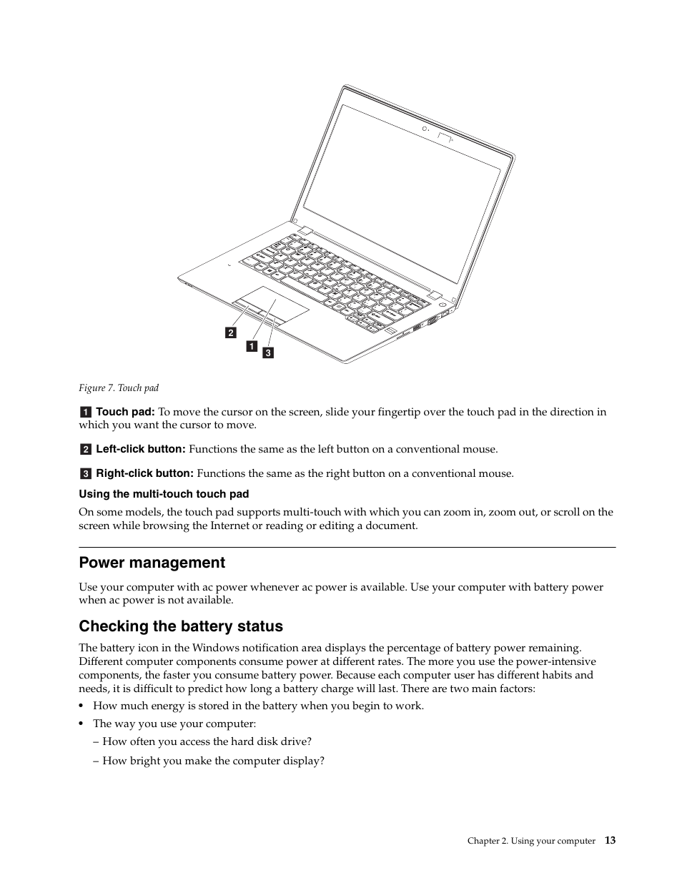 Power management, Checking the battery status | Lenovo K2450 Notebook User Manual | Page 27 / 56