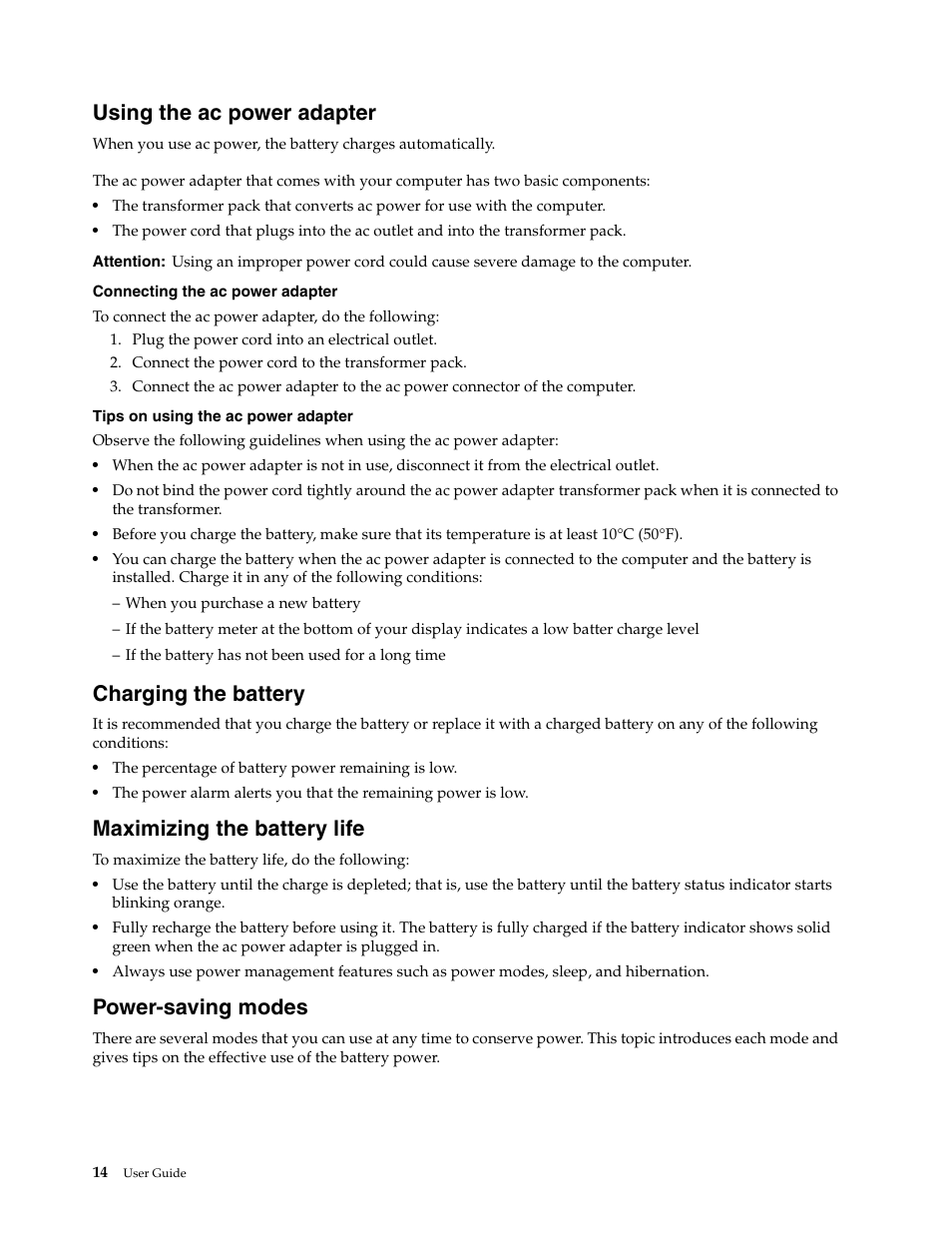 Using the ac power adapter, Charging the battery, Maximizing the battery life | Power-saving modes | Lenovo K2450 Notebook User Manual | Page 28 / 56