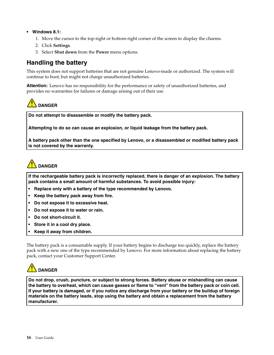 Handling the battery | Lenovo K2450 Notebook User Manual | Page 30 / 56