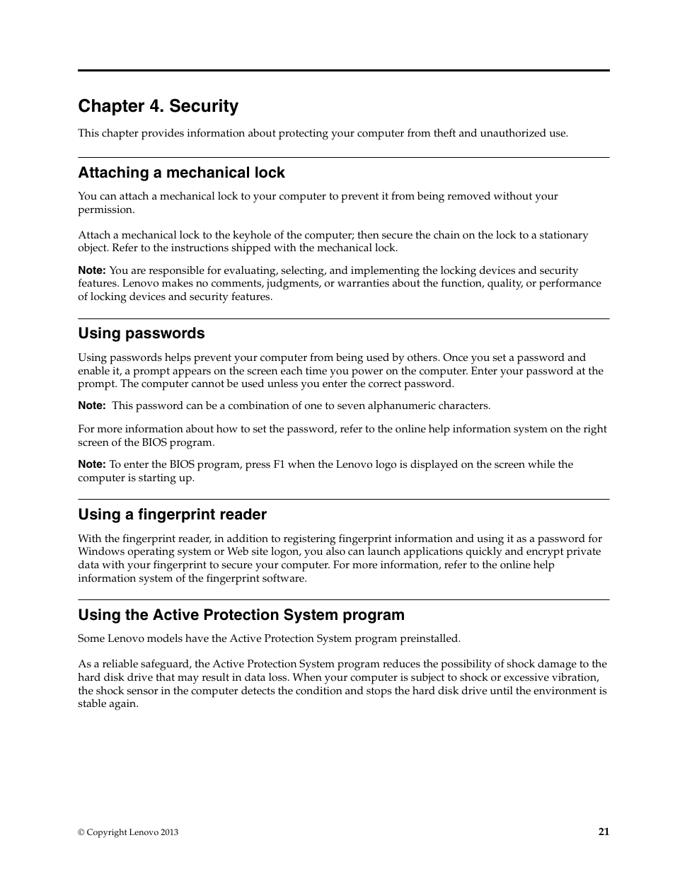 Chapter 4. security, Attaching a mechanical lock, Using passwords | Using a fingerprint reader, Using the active protection system program | Lenovo K2450 Notebook User Manual | Page 35 / 56