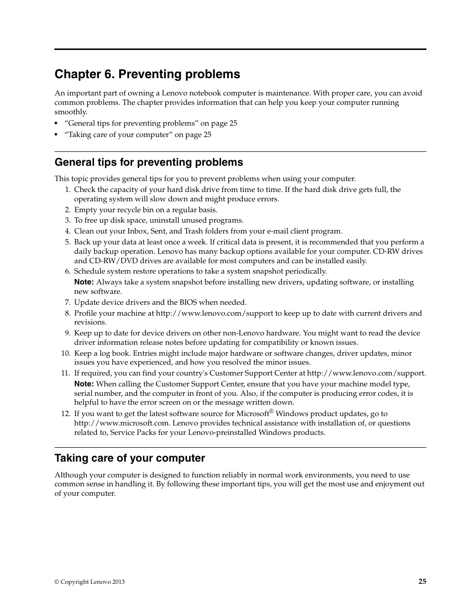 Chapter 6. preventing problems, General tips for preventing problems, Taking care of your computer | Lenovo K2450 Notebook User Manual | Page 39 / 56