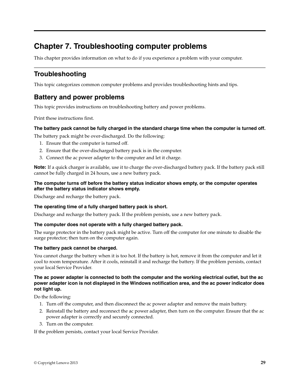 Chapter 7. troubleshooting computer problems, Troubleshooting, Battery and power problems | Lenovo K2450 Notebook User Manual | Page 43 / 56