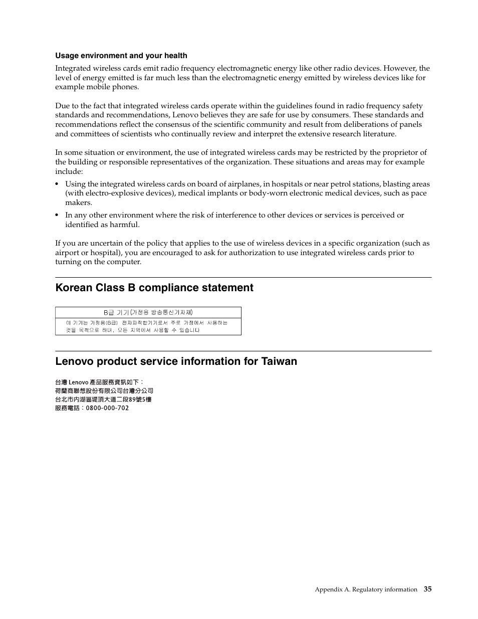 Korean class b compliance statement, Lenovo product service information for taiwan | Lenovo K2450 Notebook User Manual | Page 49 / 56