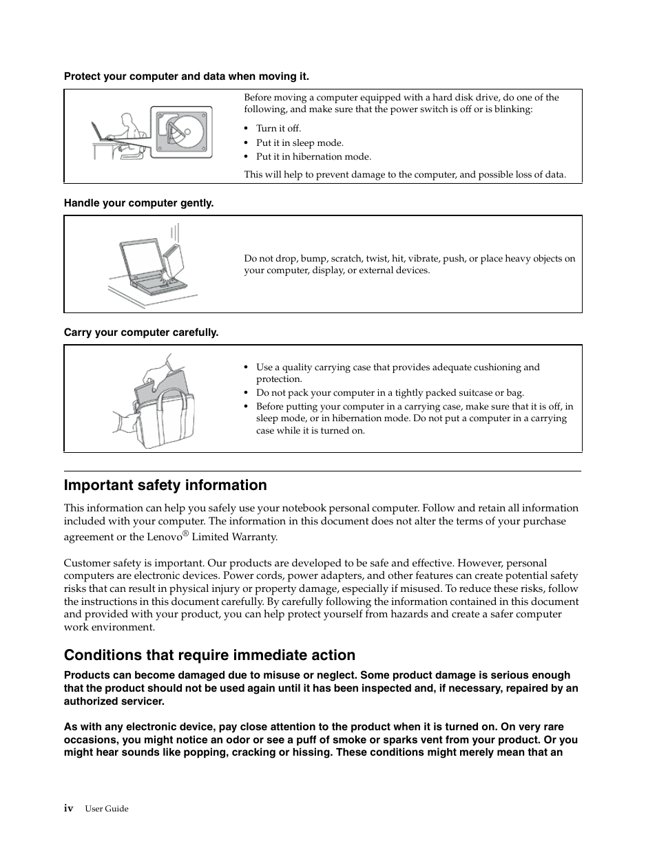 Important safety information, Conditions that require immediate action | Lenovo K2450 Notebook User Manual | Page 6 / 56