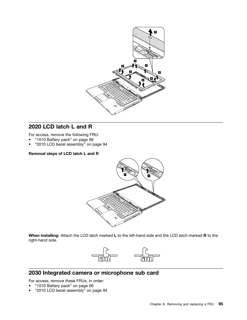 2020 lcd latch l and r, 2030 integrated camera or microphone sub card | Lenovo ThinkPad T410s User Manual | Page 101 / 166