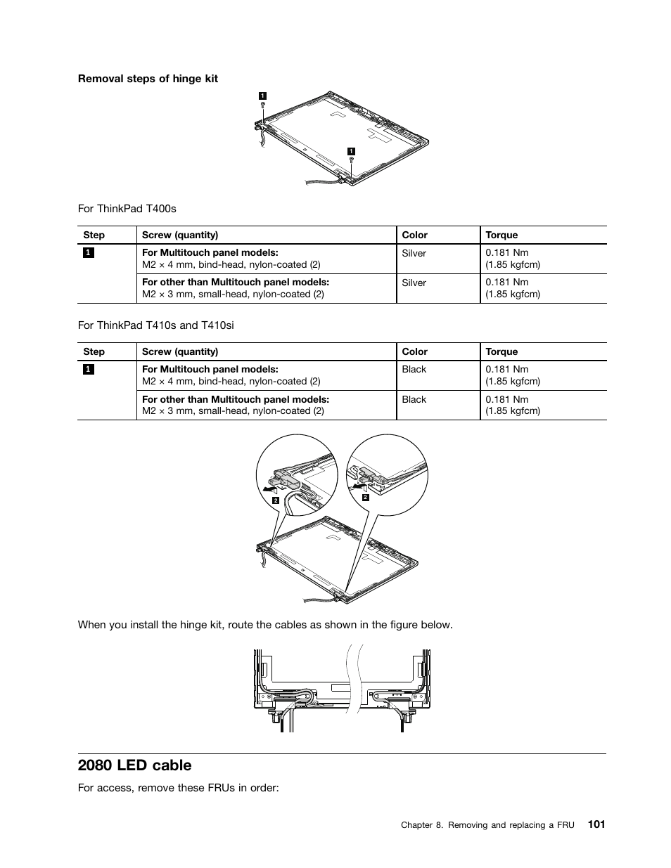 2080 led cable | Lenovo ThinkPad T410s User Manual | Page 107 / 166