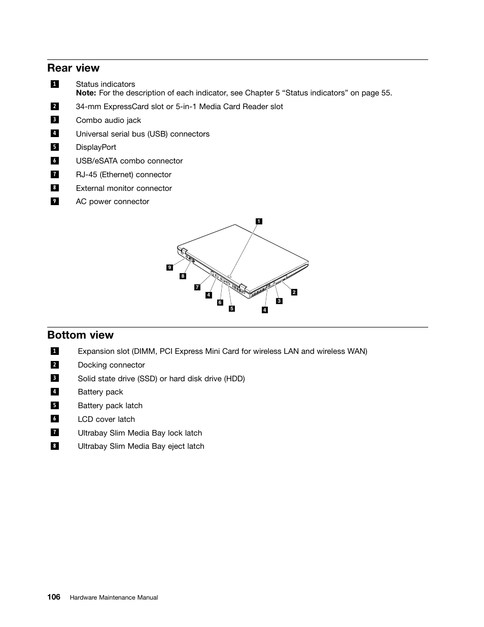 Rear view, Bottom view | Lenovo ThinkPad T410s User Manual | Page 112 / 166