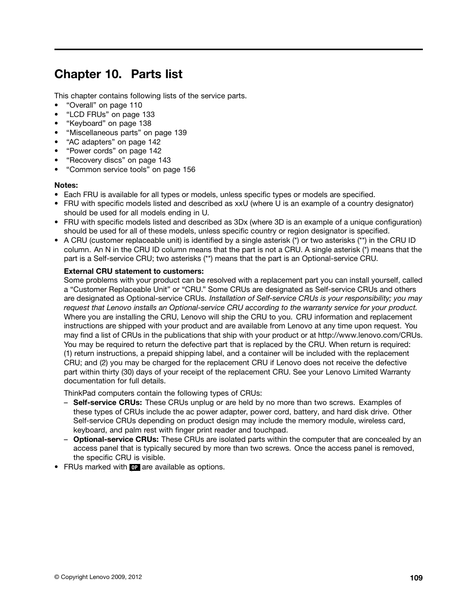 Chapter 10. parts list | Lenovo ThinkPad T410s User Manual | Page 115 / 166