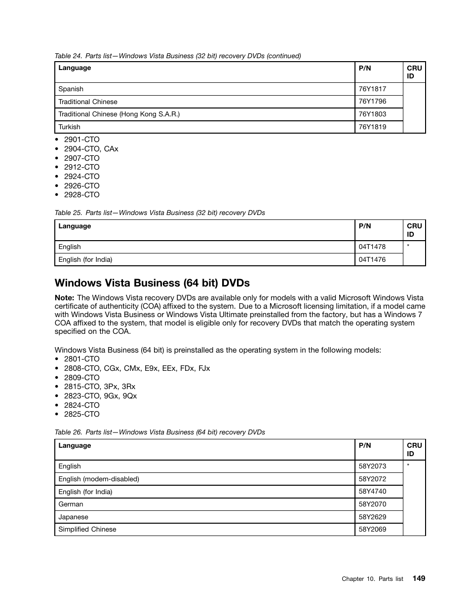 Windows vista business (64 bit) dvds | Lenovo ThinkPad T410s User Manual | Page 155 / 166