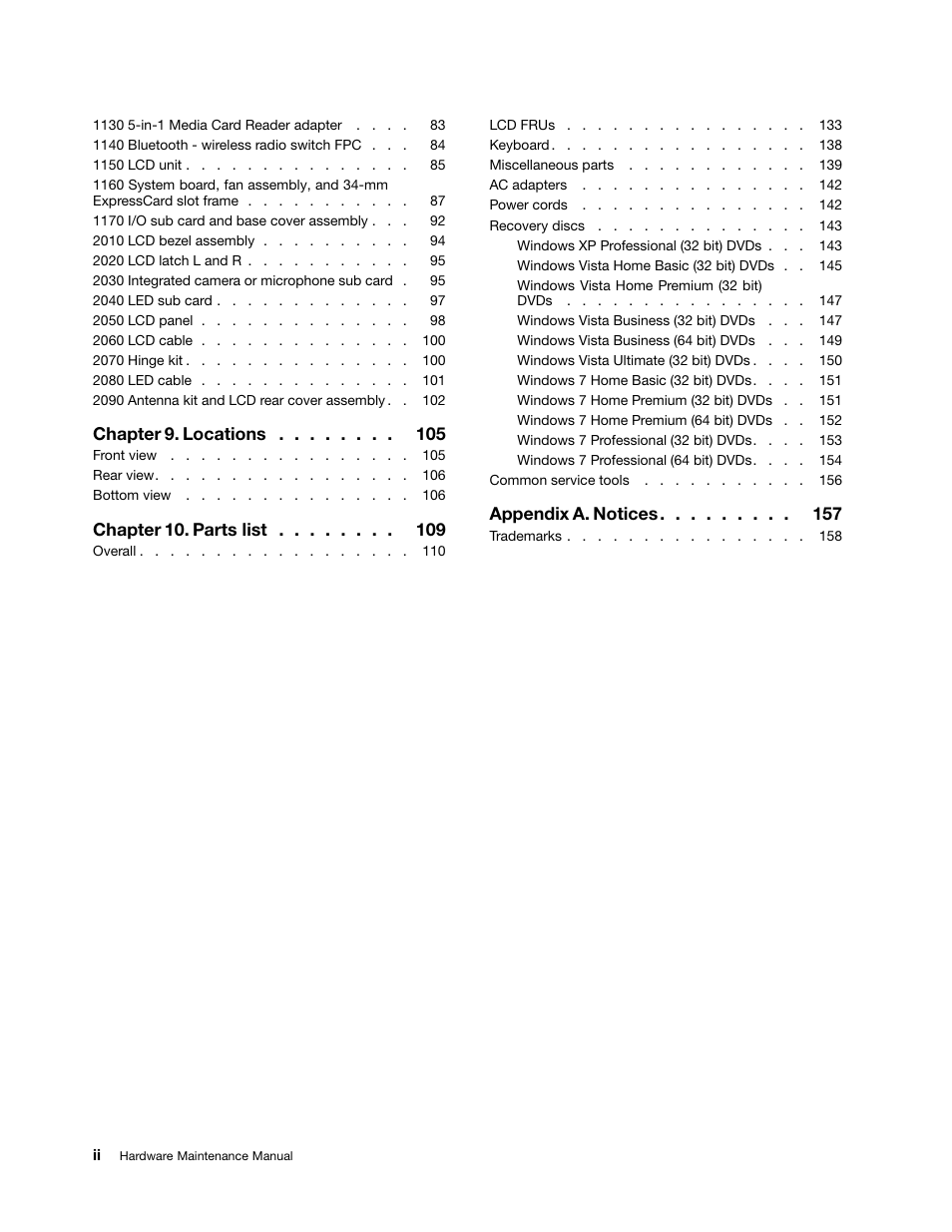 Chapter 9. locations, Chapter 10. parts list, Appendix a. notices | Lenovo ThinkPad T410s User Manual | Page 4 / 166