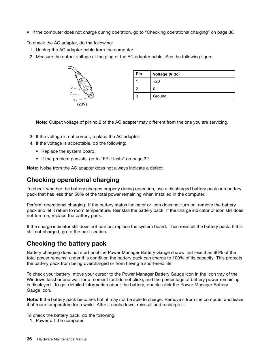 Checking operational charging, Checking the battery pack | Lenovo ThinkPad T410s User Manual | Page 42 / 166