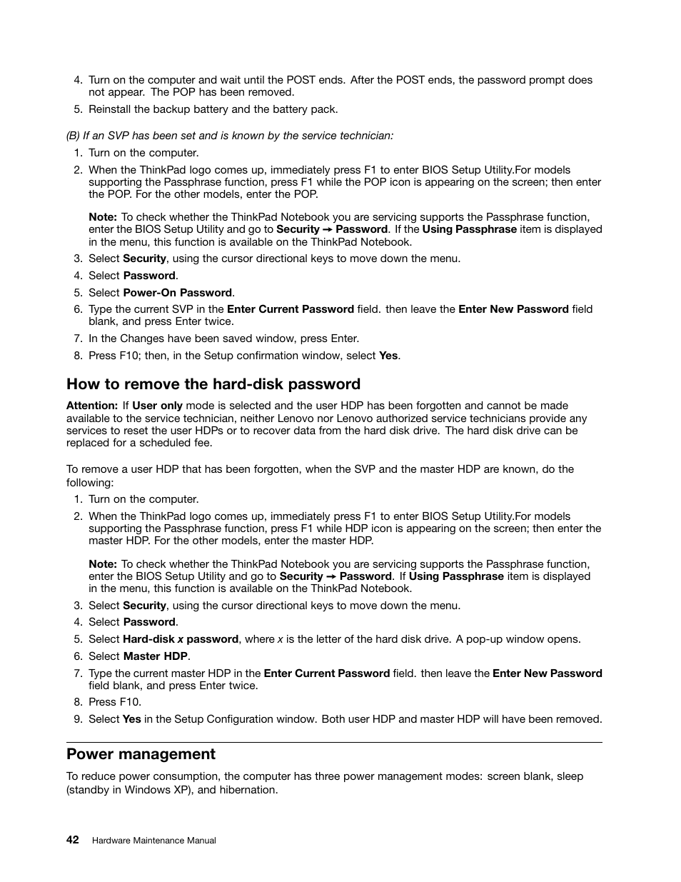 How to remove the hard-disk password, Power management | Lenovo ThinkPad T410s User Manual | Page 48 / 166