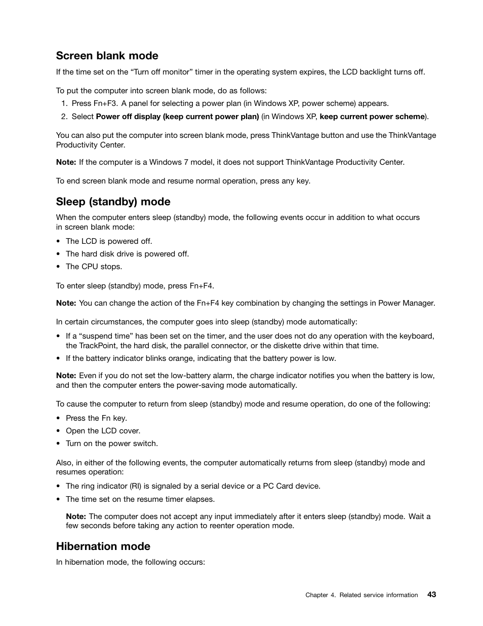Screen blank mode, Sleep (standby) mode, Hibernation mode | Lenovo ThinkPad T410s User Manual | Page 49 / 166