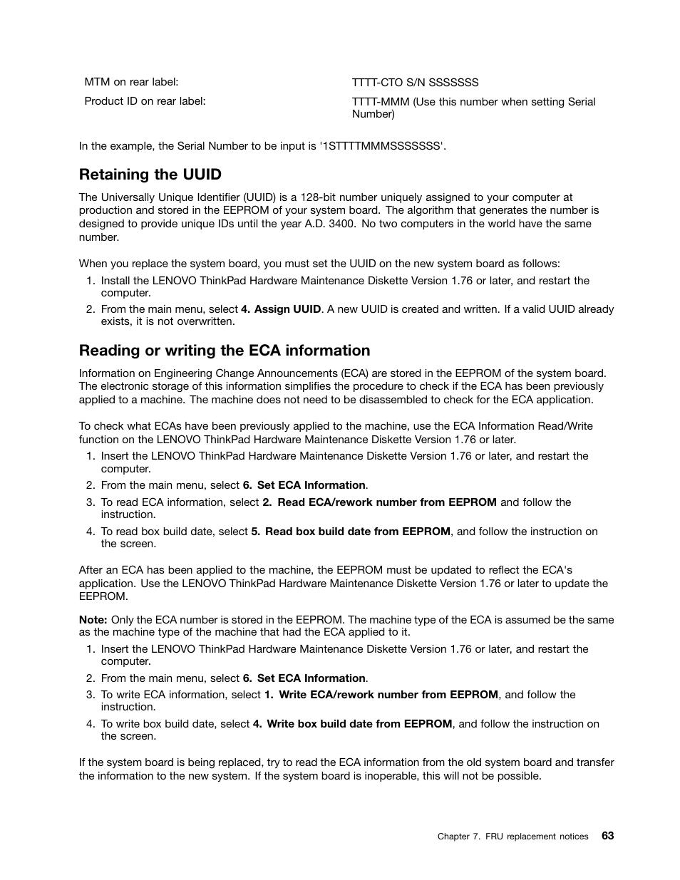 Retaining the uuid, Reading or writing the eca information | Lenovo ThinkPad T410s User Manual | Page 69 / 166